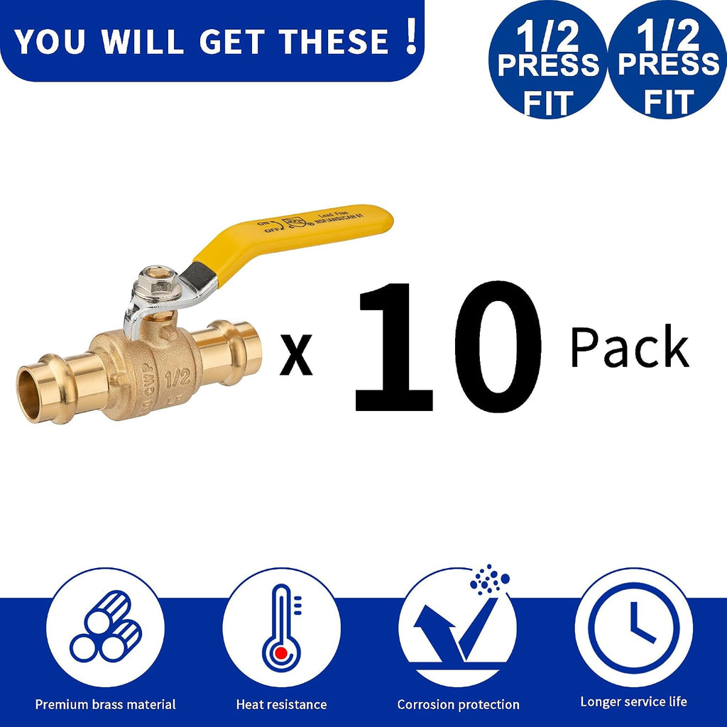 (10 Pack) Lidertik 1/2 inch Press Ball Valve Shut Off Valve 1/4 Turn Yellow Hanndle LI-QF0-PRESS-0.5(10 PCS)