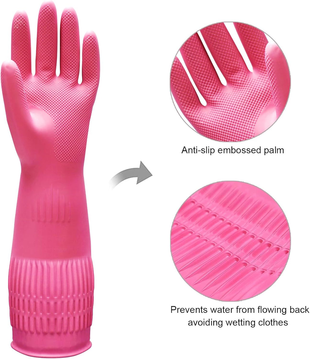 3 Pairs of Rubber Dishwashing Gloves for Kitchen and Household Cleaning – Long Cuff 15", Reusable, Flexible