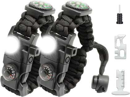 20 in 1 Survival Paracord Bracelet Adjustable Gear Kit with SOS LED Light, Fire Starter, Bigger Compass, Survival