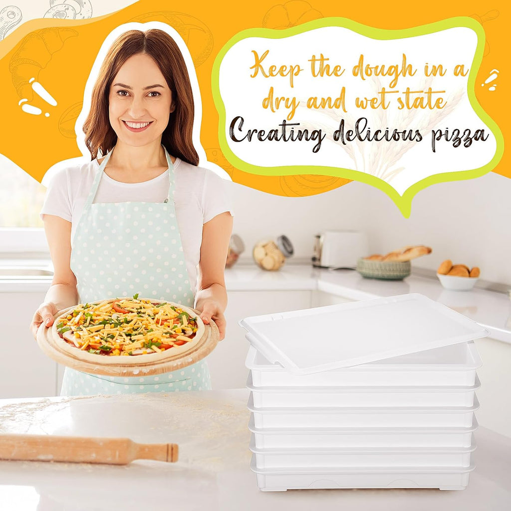 6 Pack White Pizza Dough Proofing Box Tray with Lid 22.44" x 15" x 2.8" Stackable Dough Proofing Containers for Pizza