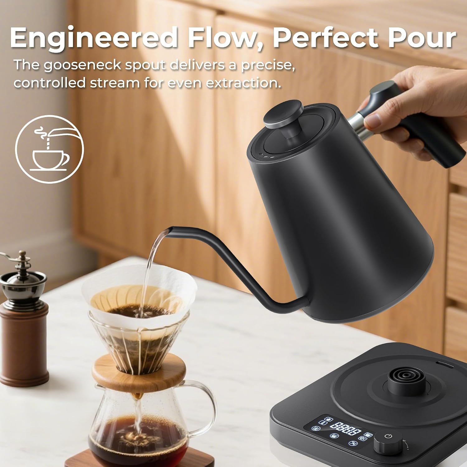 Gooseneck Electric Kettle, ±1°F Temperature Control Electric Kettle, 1.0L 1200W Fast Heating, 24H Keep Warm, 30Min