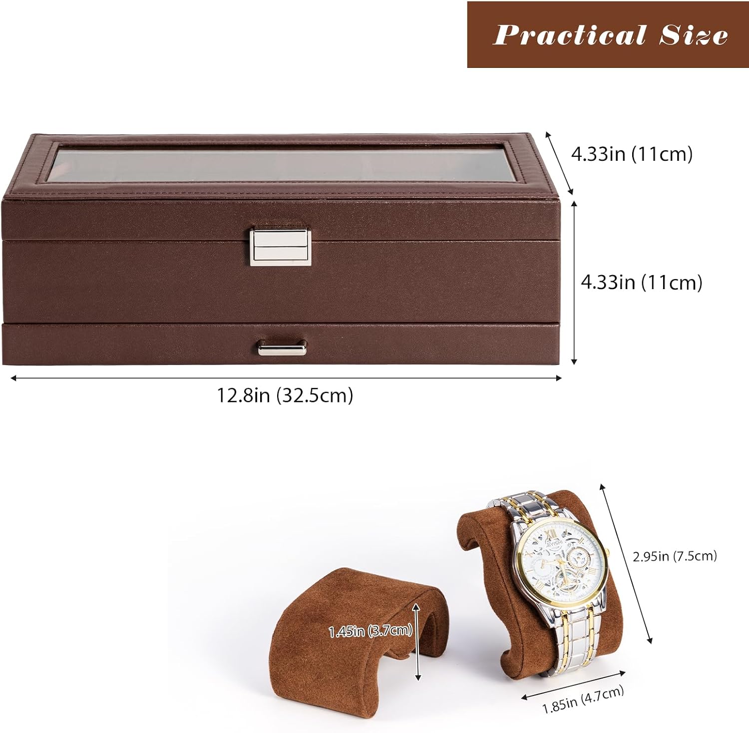 Watch Box, 6 Slot Watch Display Case with Drawer -Espresso | Mens Watches Case with Glass Lid, 2-Layer Mens Jewelry