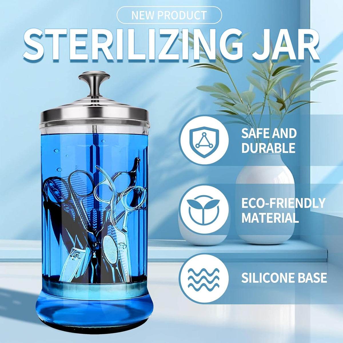 Disinfectant Sterilizer Glass Jar - Capacity 21 Oz Glass with Removable Strainer Tray for Cleaning, Storage &