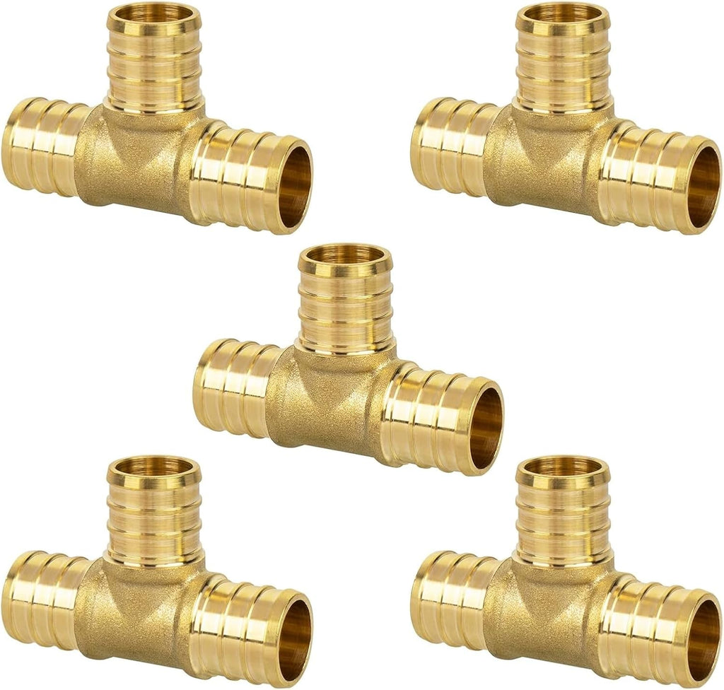 3/4" PEX Tee, PEX Fittings, Heavy-Duty Brass Crimp Fittings for PEX Pipes with Leak-Resistant Construction, NSF & UPC Certified, 5 Pack