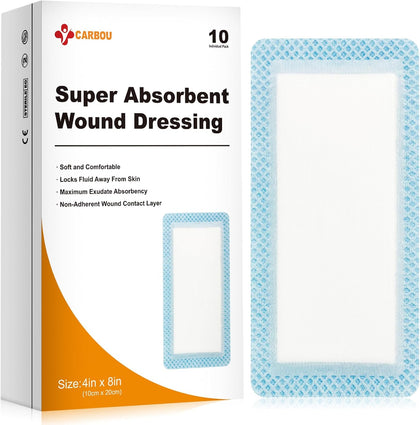 Super Absorbent Wound Dressing Pads 4"x 8", 10 Individual Pack, Non Adhesive Absorbent Bandages for Wound Care, Soft