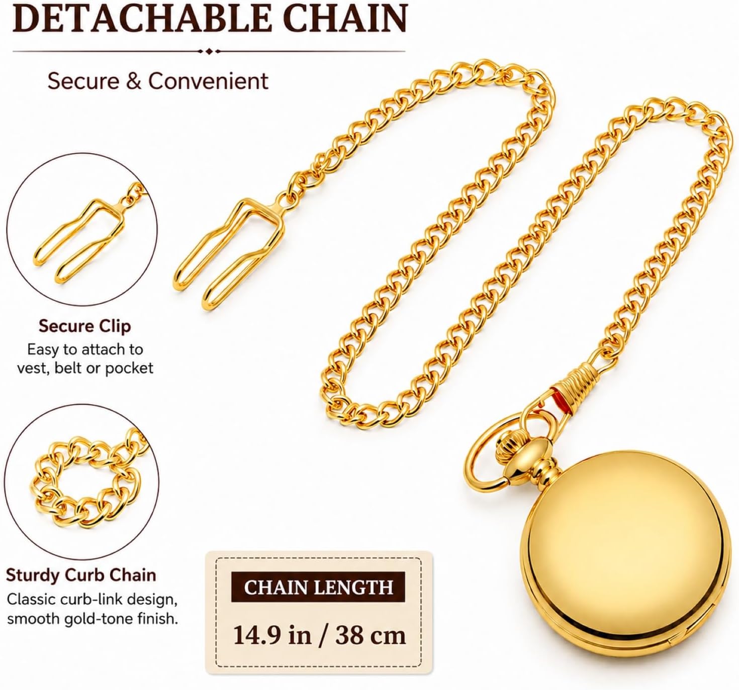 Smooth Vintage Pocket Watch with Chain (Gold)