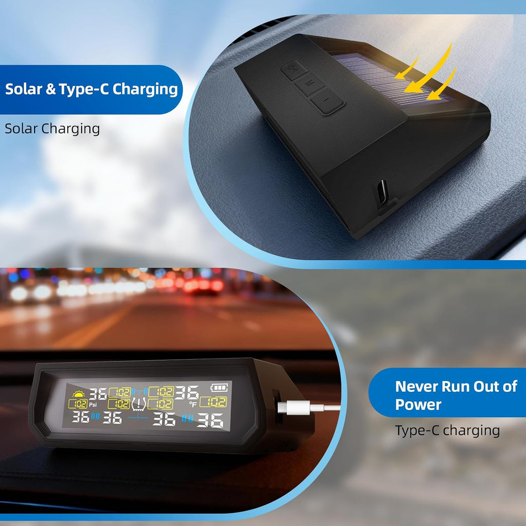 Tire Pressure Monitoring System TPMS, Solar Charge Tire Pressure Monitor with 4 External Sensors & 6 Alarm Modes