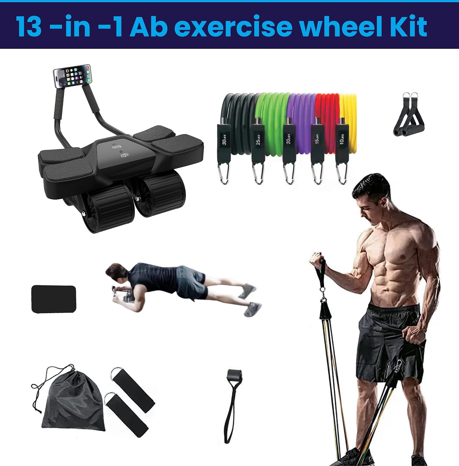 Ab Roller Home Gym Equipment – 4 Wheels Ab Wheel Muscle Roller with Built-in Tracker , 5Pcs Resistance Bands, Ankle