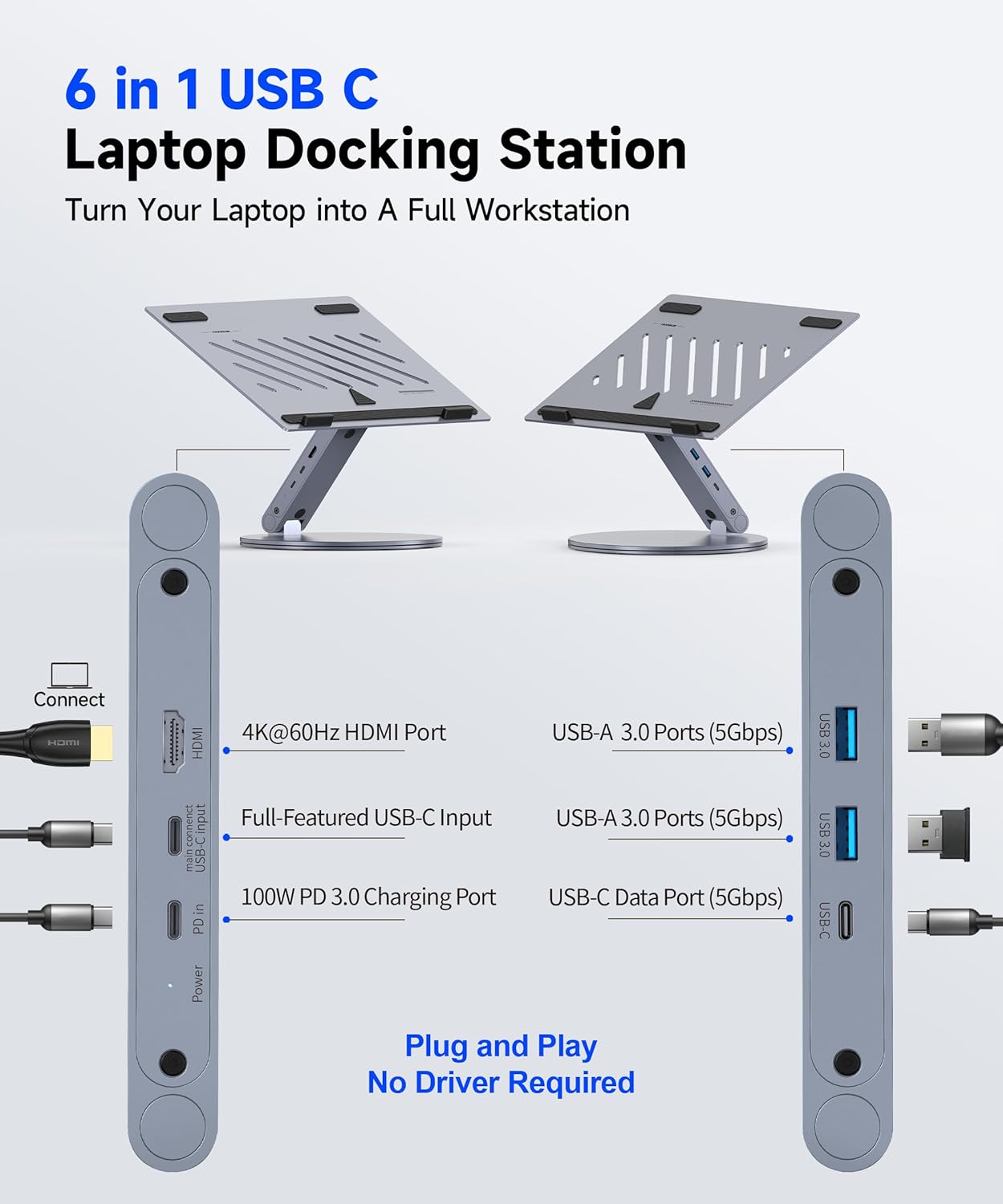 6-in-1 USB C Laptop Docking Station Stand, 4K@60Hz HDMI, 100W PD, 5Gbps USB 3.0, 360° Swivel Adjustable Aluminum