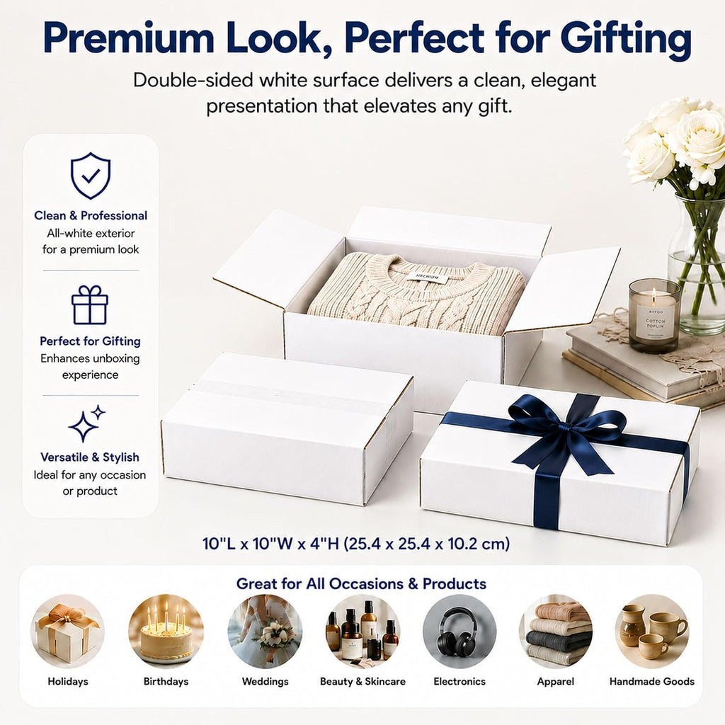 10x10x4 White Shipping Boxes, 25 Pack