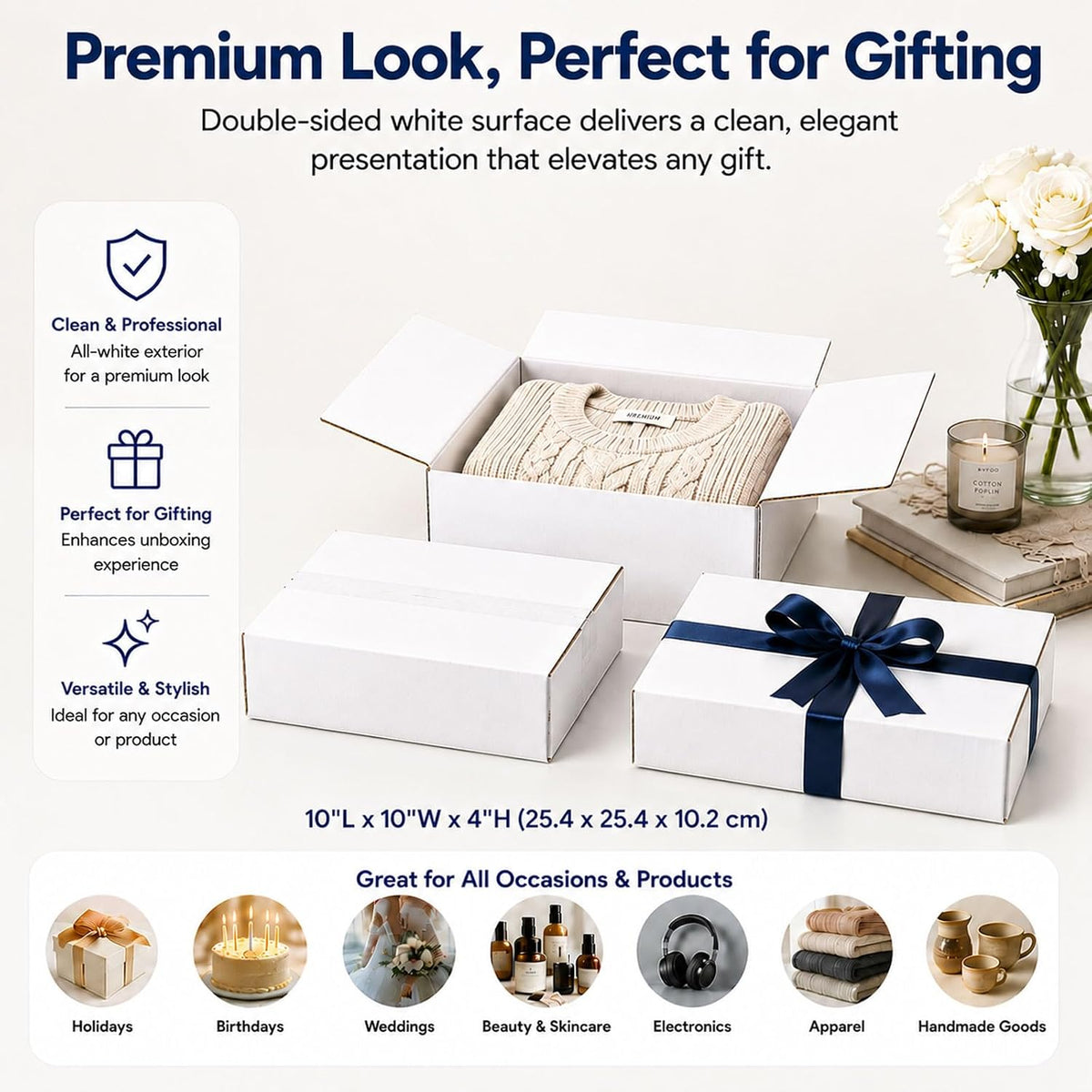 10x10x4 White Shipping Boxes, 25 Pack