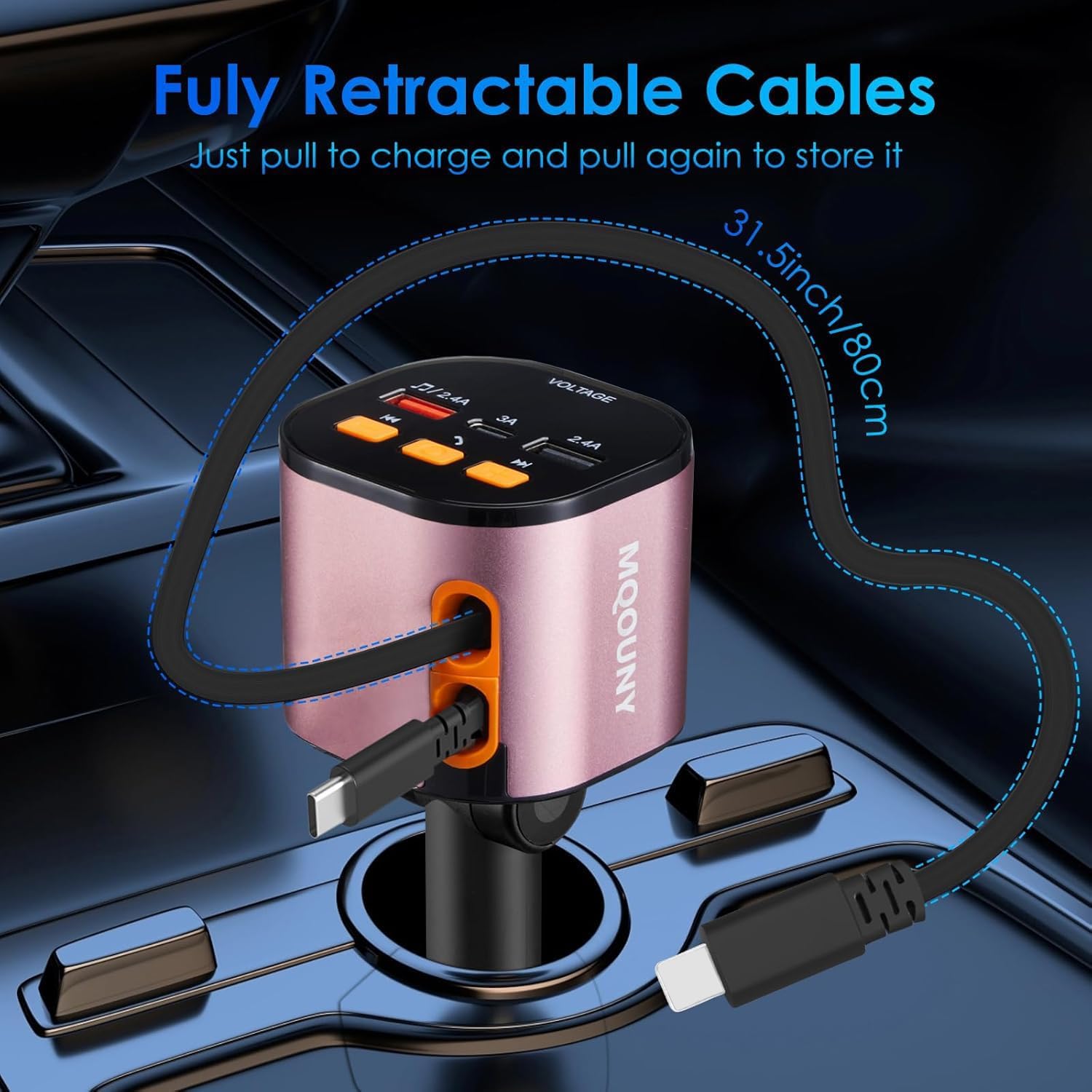 Retractable Car Charger,5 in 1 Fast Car Phone Charger 90W,Bluetooth 5.3 FM Transmitter Adapter,Handsfree Call,2