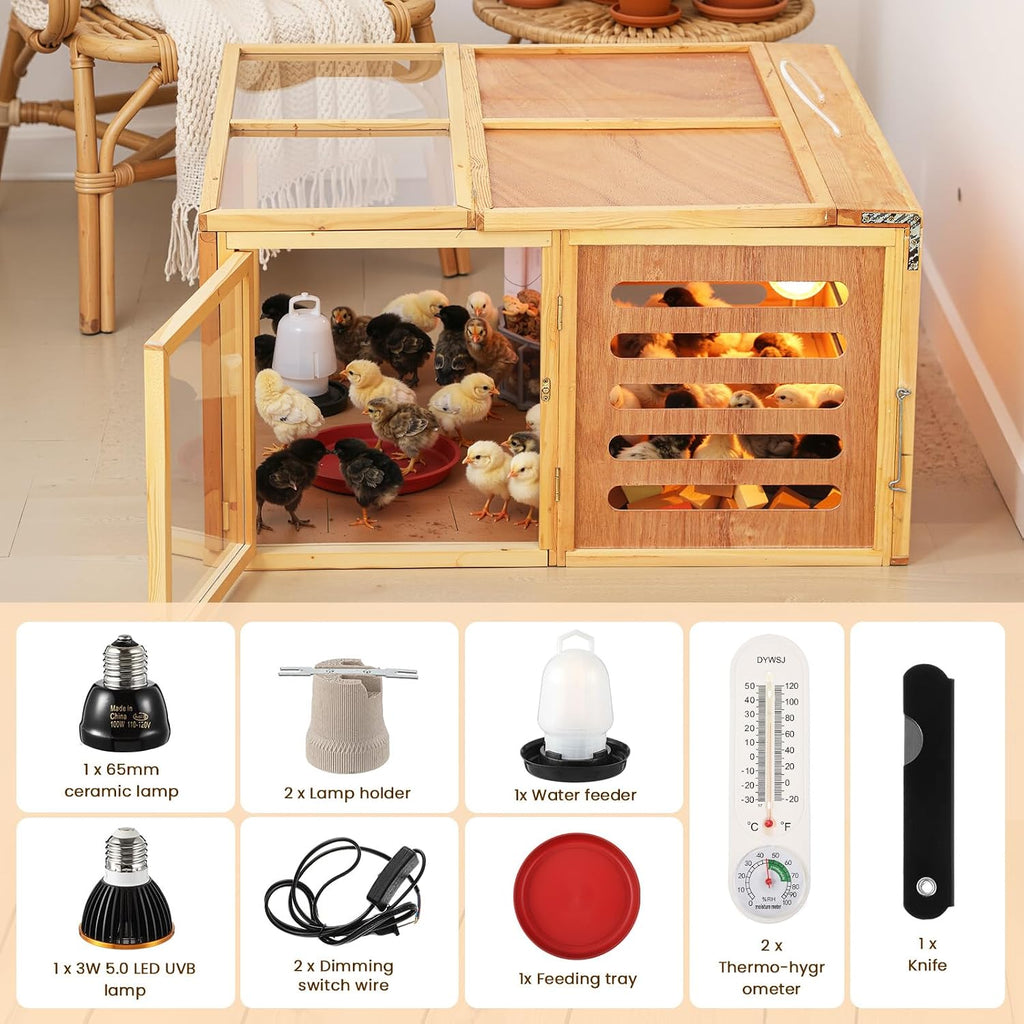 Large Chicken Brooder Box Kits 32x32x16 in Wooden Foldable Chick Brooder Box with Heated Light Thermometer Portable