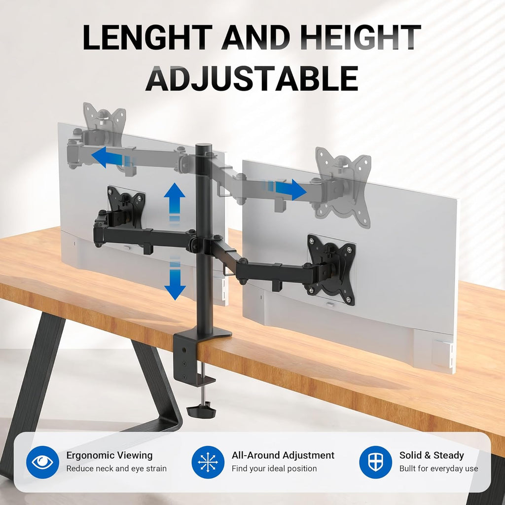 Monitor Mount for 13-32 in, Dual Monitor Arm, Up to 19.8 Lbs Each | Full Motion Adjustable Height, 360° Rotate, Tilt