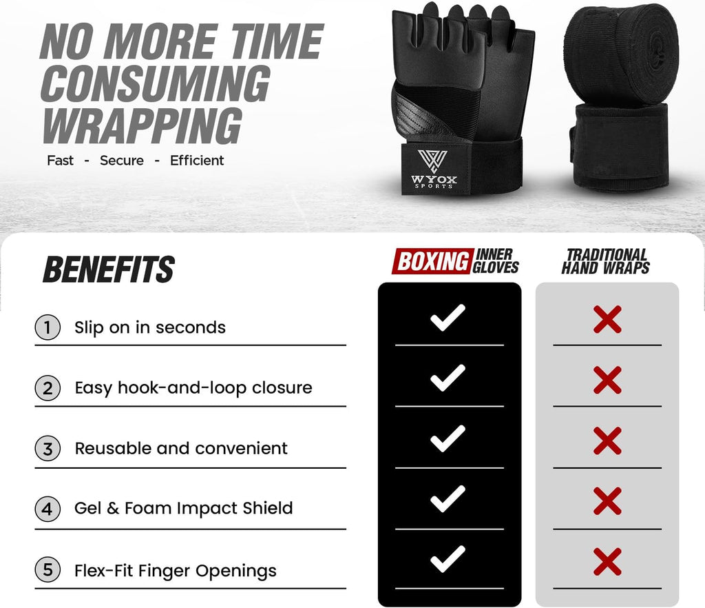 Neoprene Gel Boxing Hand Wraps Inner Gloves for Men & Women – 80cm/31in Quick Wrist Strap, Padded Knuckle Protection