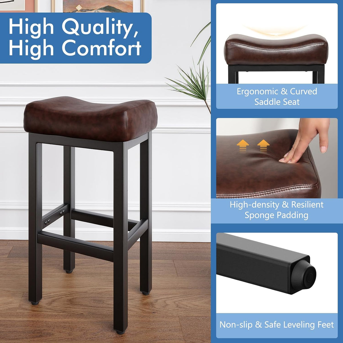 29 Inche Bonded Leather Counter Height Bar Stools Set of 2 Square