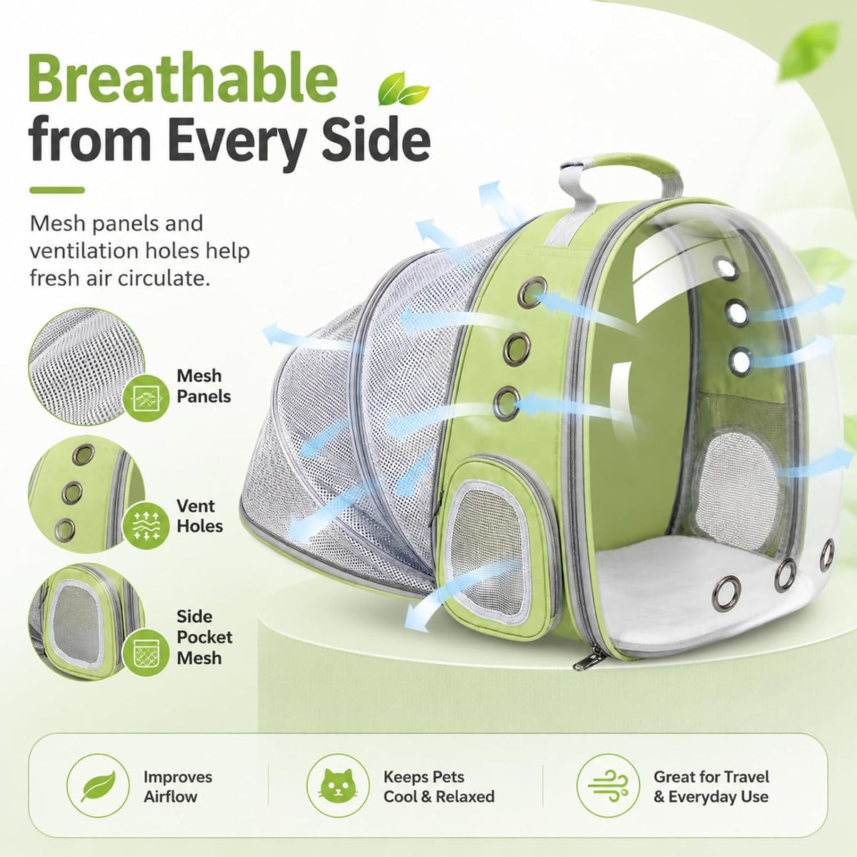 Expandable Cat Carrier Backpack with Bubble Window and Mesh, Light Green