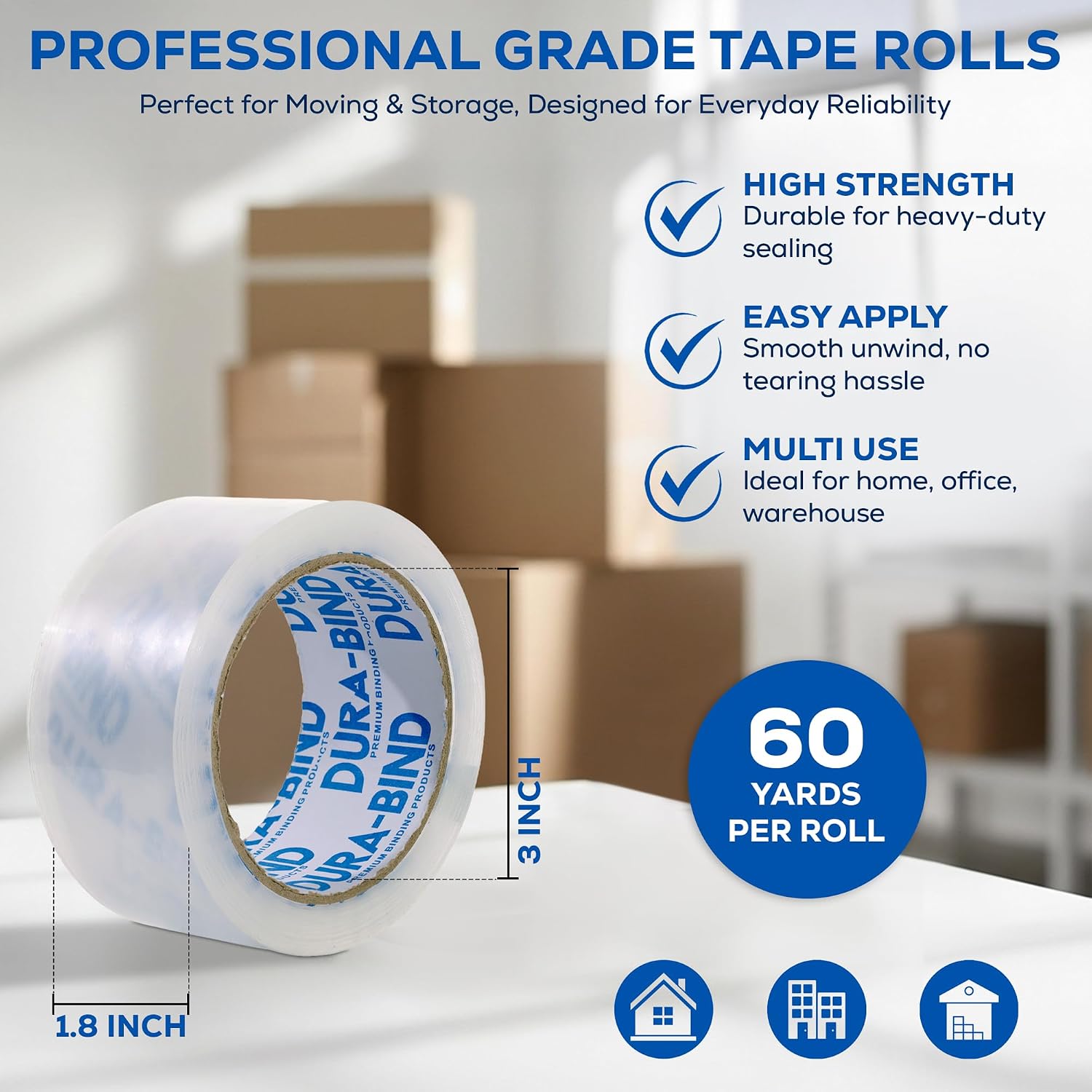Durabind Heavy Duty Packing Tape 6 Pack. Rolls are 60 Yards x 2in. Tough Clear Tape for Shipping, Packing, Moving