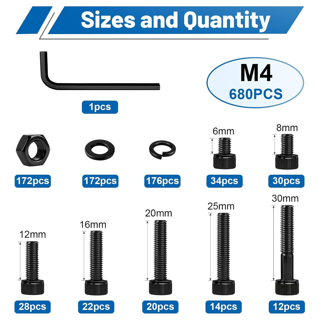 680PCS M4 Socket Head Bolts Assortment Kit, M4x6/8/12/16/20/30mm Screw