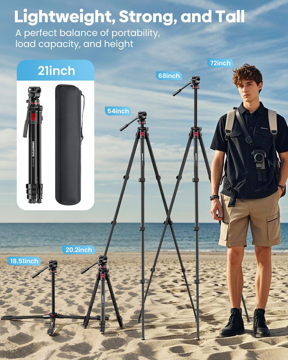 68" Heavy Duty Tripod, Video Tripod with Fluid Head | Aluminum Camera Tripod, 1/4" Smooth Pan/Tilt Head for