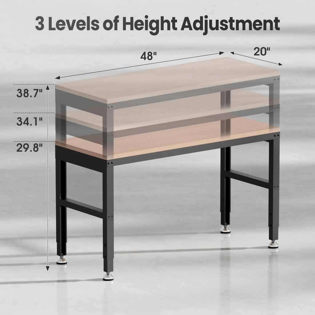48" Adjustable Workbench, Heavy Duty Wood Workstation