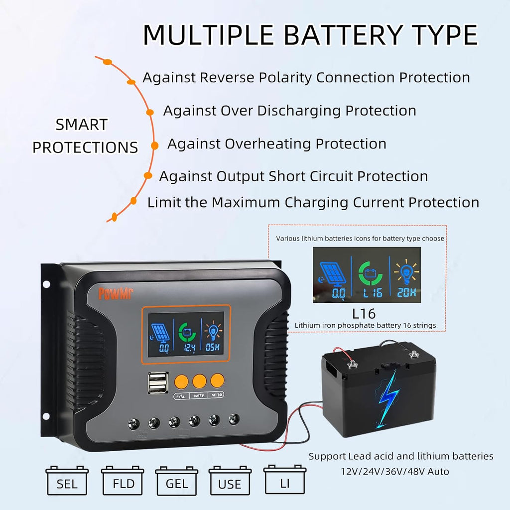 30A 12V/24V/36V/48V PWM Solar Charge Controller w/ LCD Display USB Port for AGM, Gel, Flooded and Lithium Battery,for