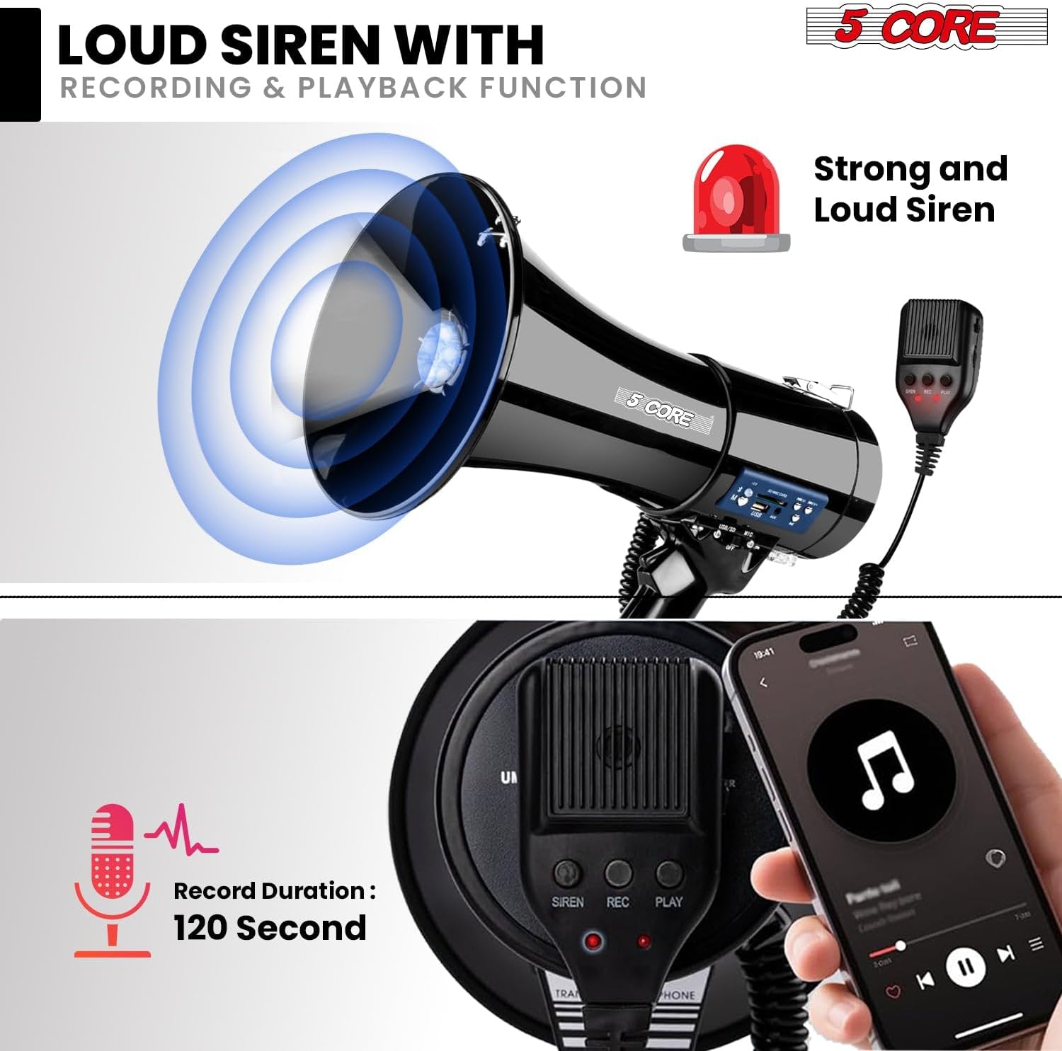 Megaphone Bullhorn 50W Speaker w Bluetooth LED Siren Handheld Mic Adjustable Volume Shoulder Strap Loud Clear Audio