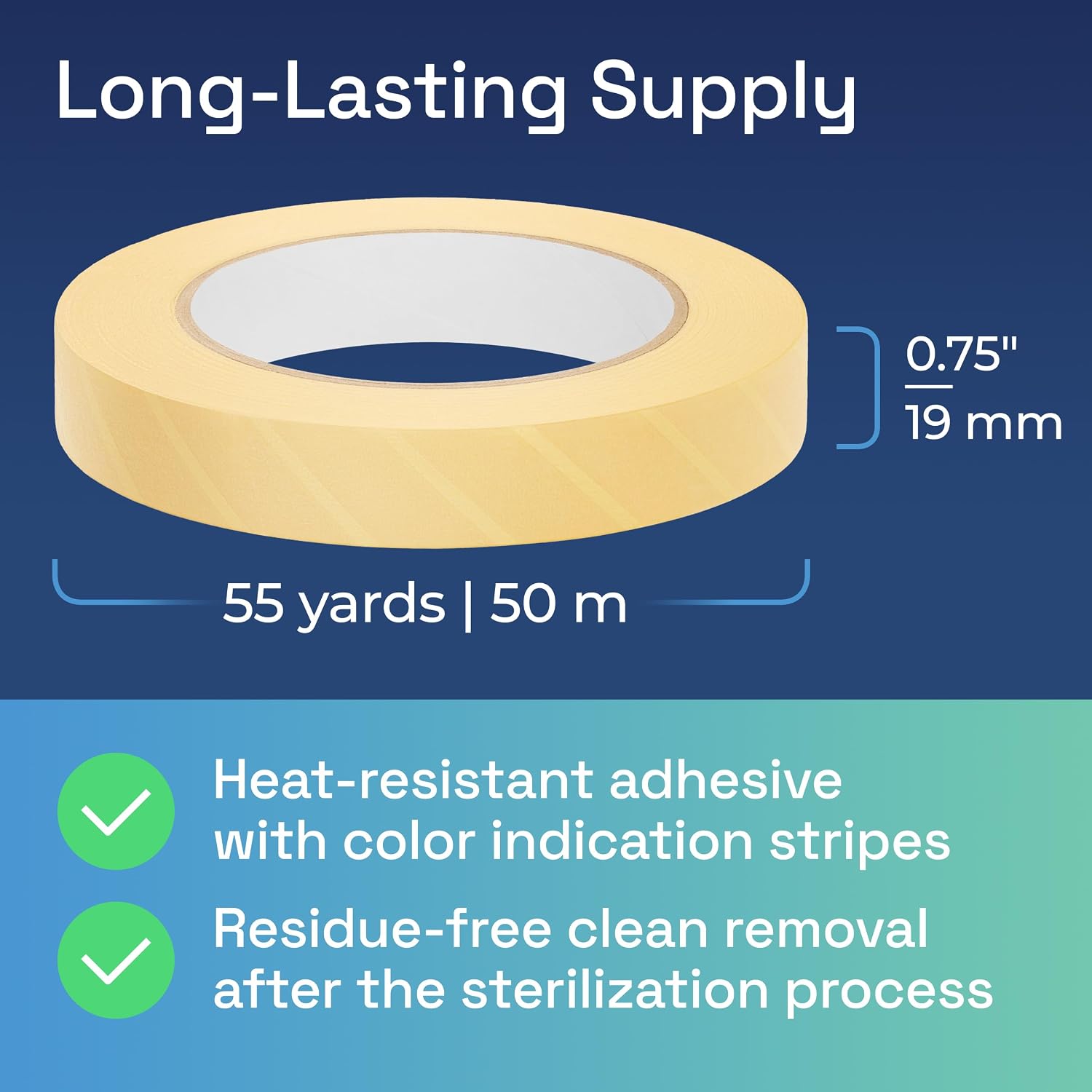 Autoclave Indicator Tape for Steam Sterilization - 0.75" × 55 Yards (1 Roll) - Crepe Paper Tape with Color Change