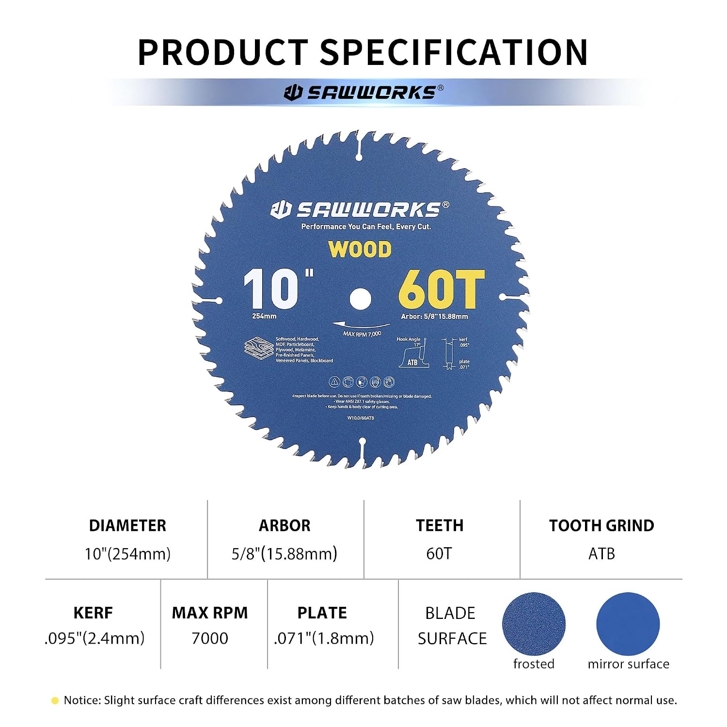 10" 60T Thin Kerf Circular Saw Blade Woodworking Fine Finish, Trim | Tungsten Carbide ATB Cutting Teeth, Finish, Trim