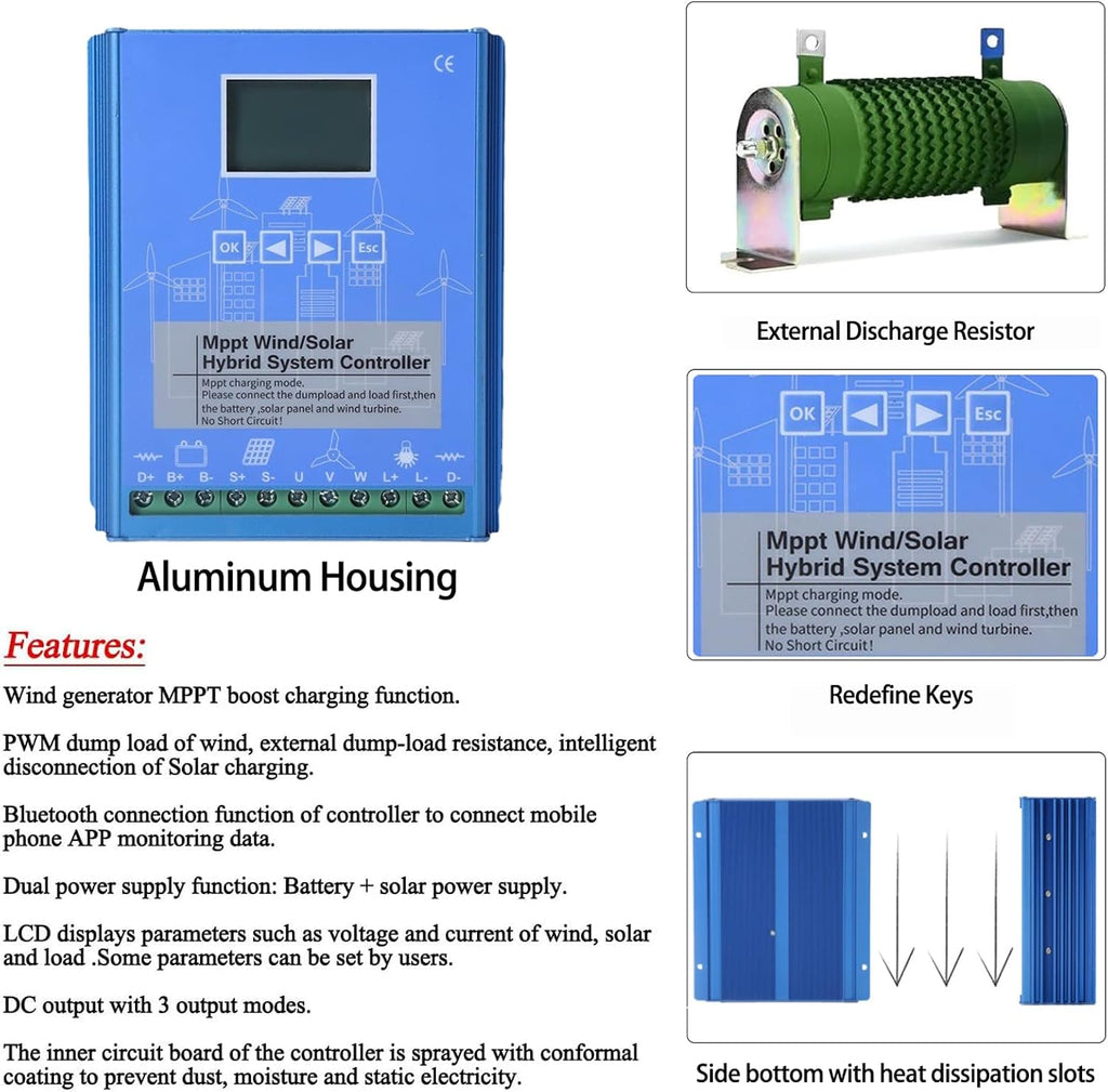 Wind Solar Hybrid Controller Grid with Unloader, 400W 500W 600W Auto 12V Battery MPPT Charge Boost Float, Wind