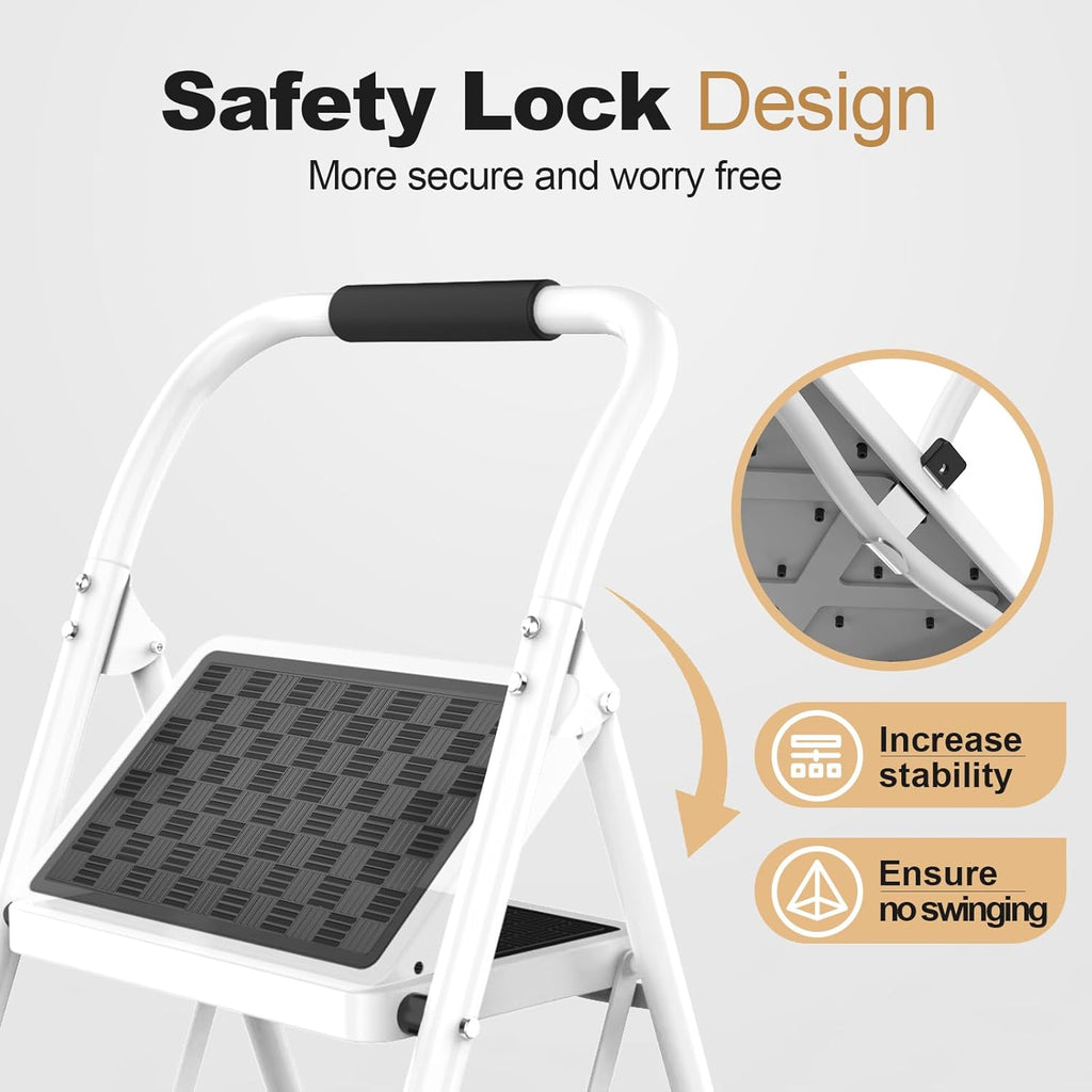 3 Step Ladder,3 Step Stool for Adults Folding Step Stool with Cushioned Handle with Wide Anti-Slip Pedal Ergonomic