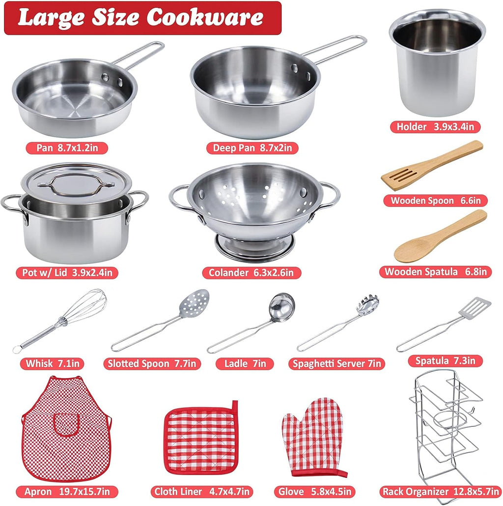 Kids Pretend Play Kitchen Toys Accessories Set, 32 Items Stainless Steel Toy Pots and Pans Sets w/ Rack Organizer