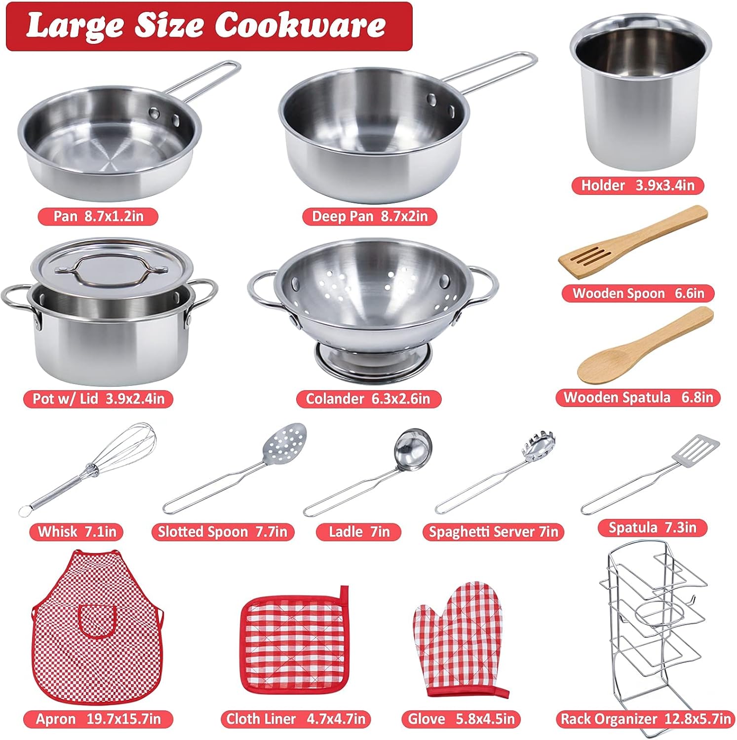 Kids Pretend Play Kitchen Toys Accessories Set, 32 Items Stainless Steel Toy Pots and Pans Sets w/ Rack Organizer