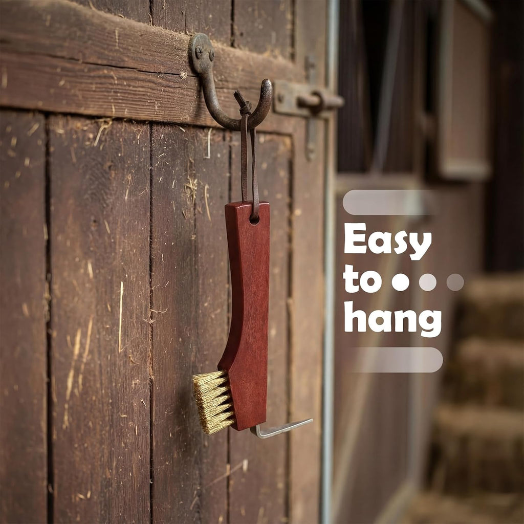 Horse Hoof Pick with Brass Wire Brush and Wooden Grip