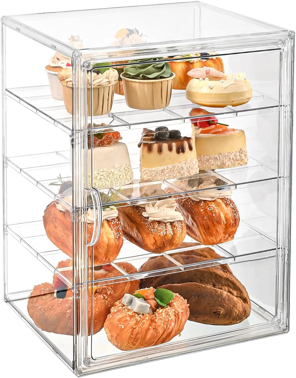 Pastry Display Case，4-Tier Adjustable Clear Bread Storage with Magnetic Door，Bread Box for Kitchen