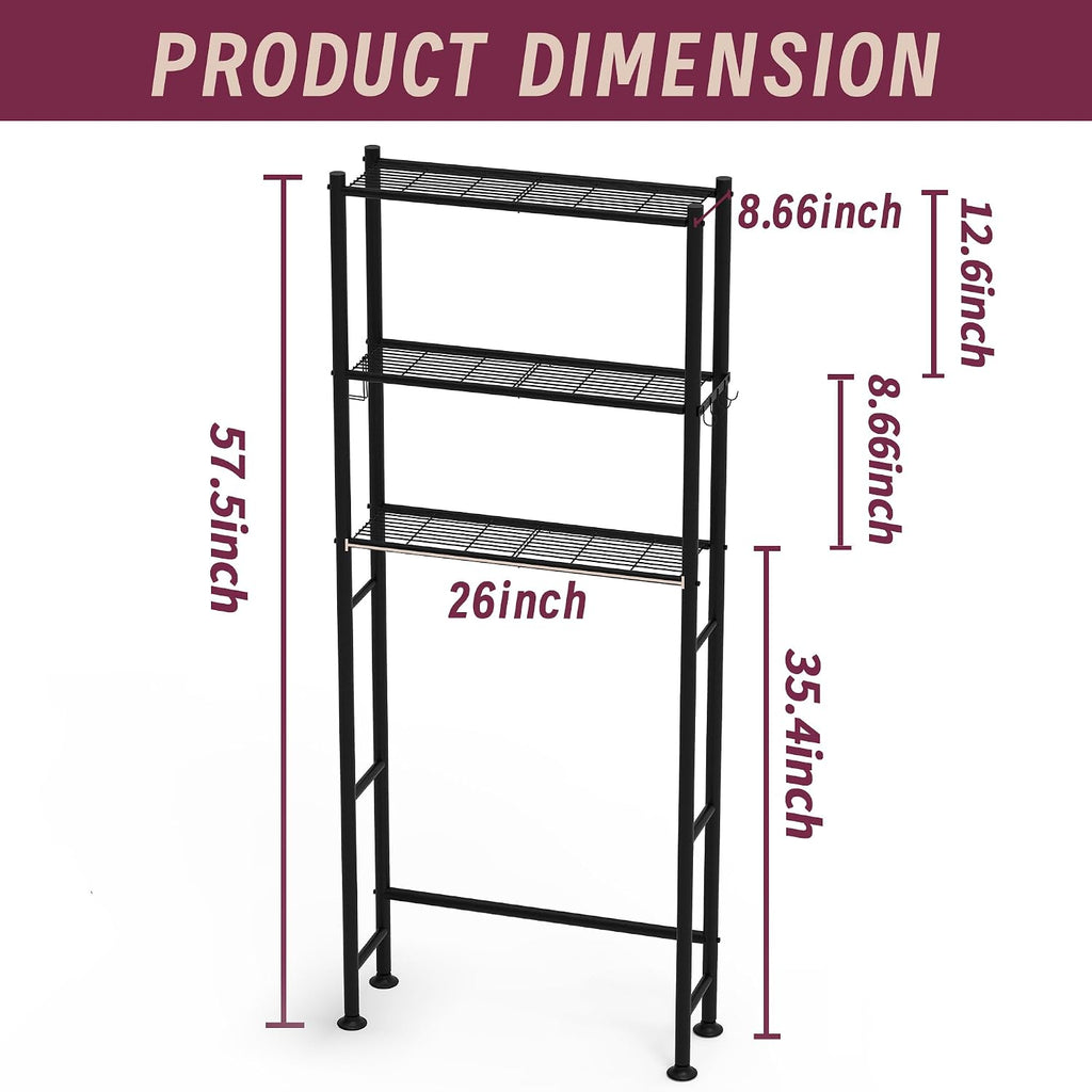 3-Tier Over The Toilet Storage Cabinet with Paper Holder and 4 Hooks, Metal Over Toilet Bathroom Organizer and