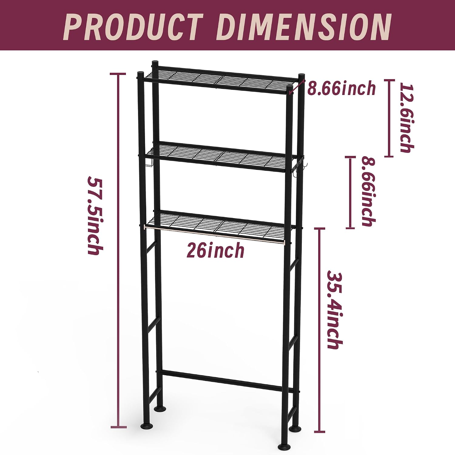 3-Tier Over The Toilet Storage Cabinet with Paper Holder and 4 Hooks, Metal Over Toilet Bathroom Organizer and