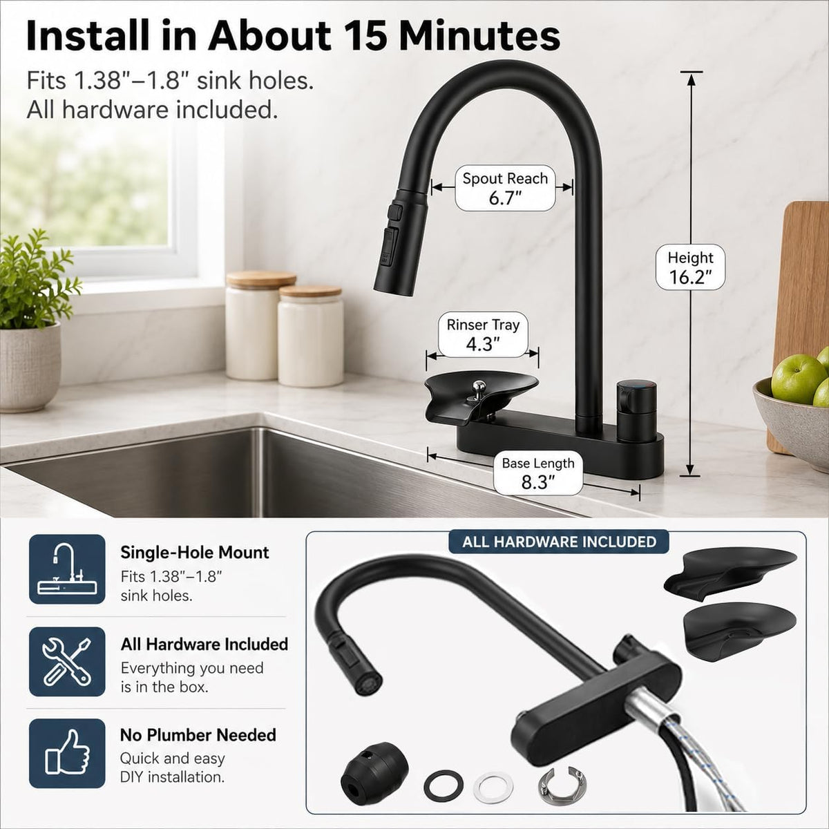 Kitchen Faucet with Pull Down Sprayer, Glass Rinser, Single Hole