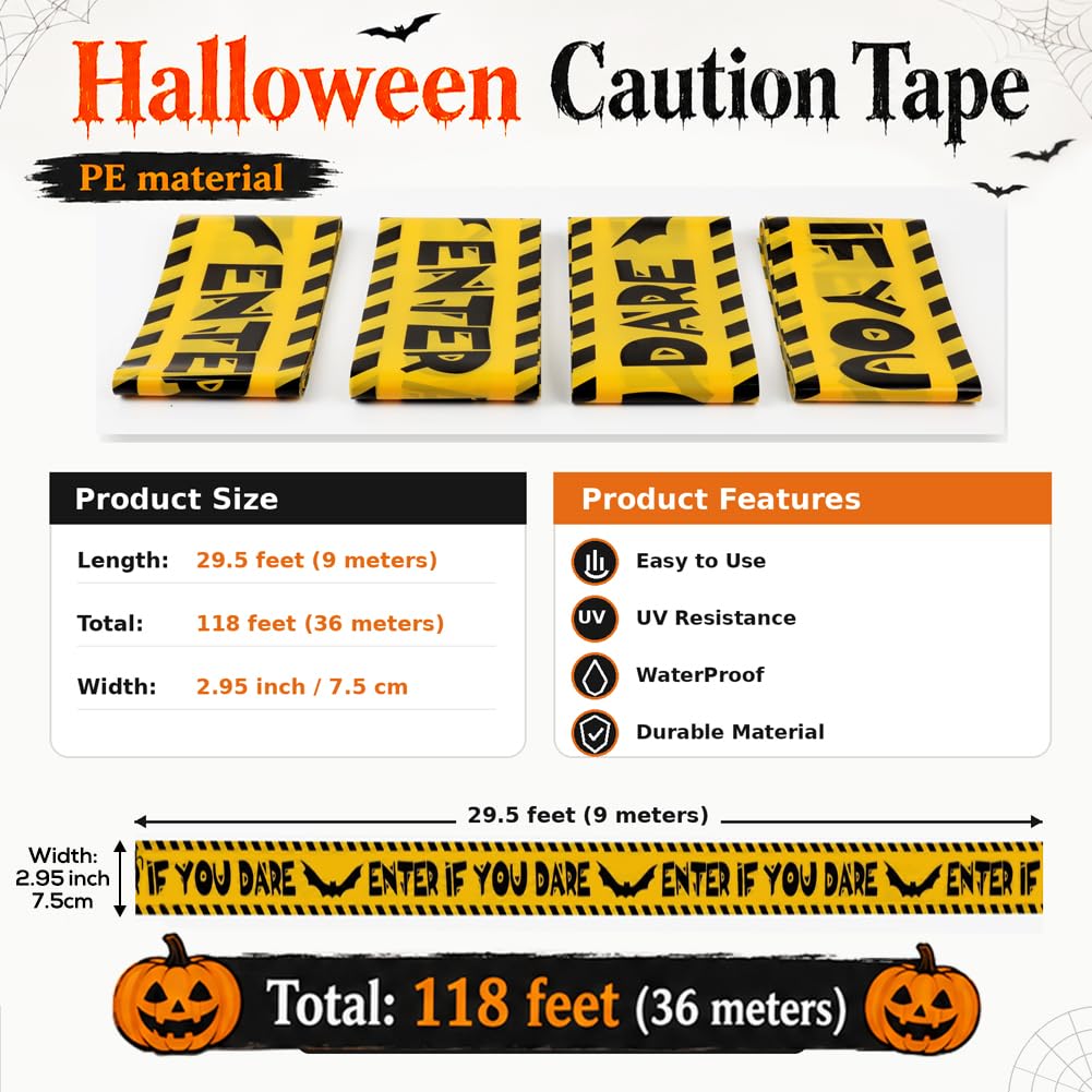 4Pk 3" x118ft Halloween Caution Tape for Haunted House Party