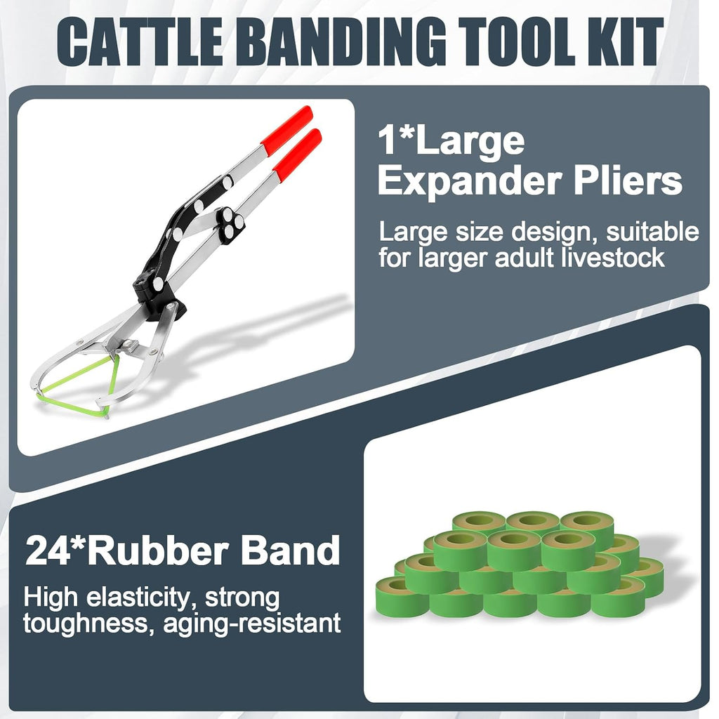 Cattle Banding Tool Kit, Large Expander Pliers with 24 Rubber Bands