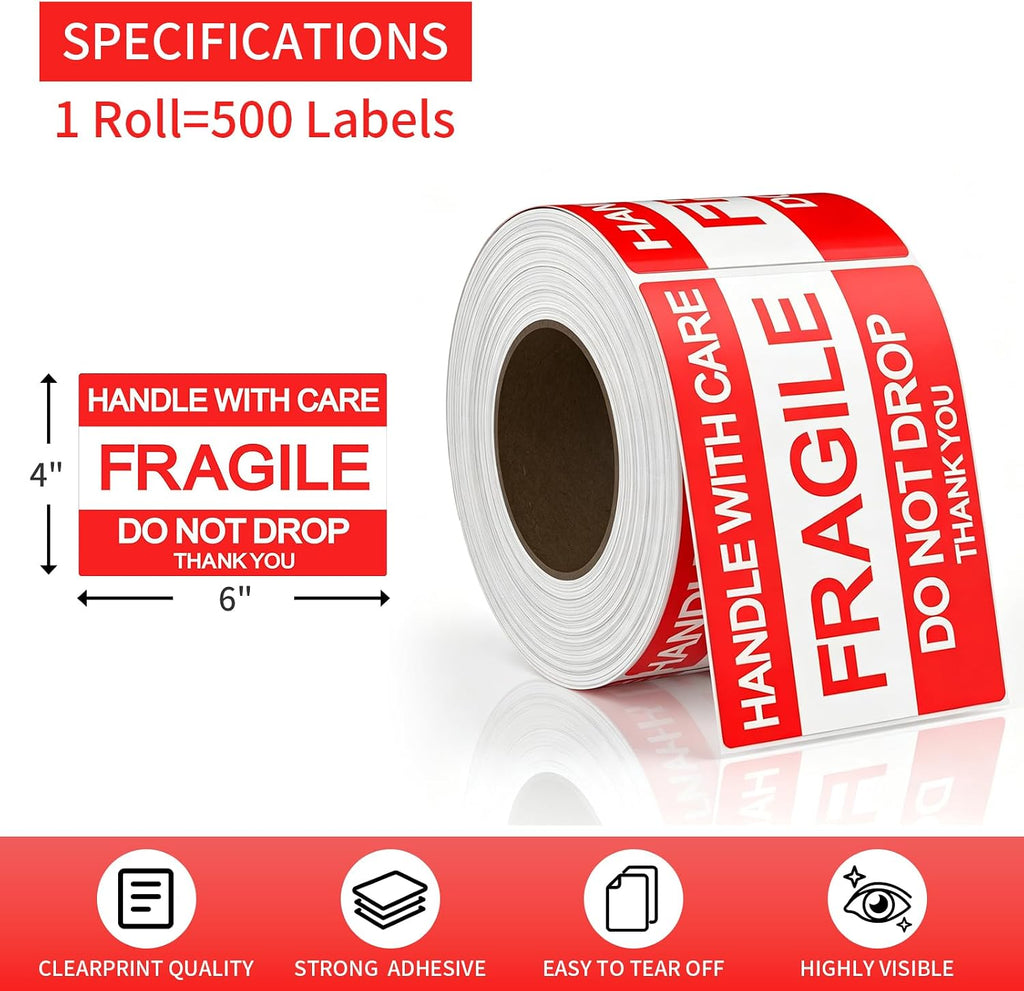 4" X 6" Fragile Stickers for Shipping &Moving, 2 Rolls Fragile Labels