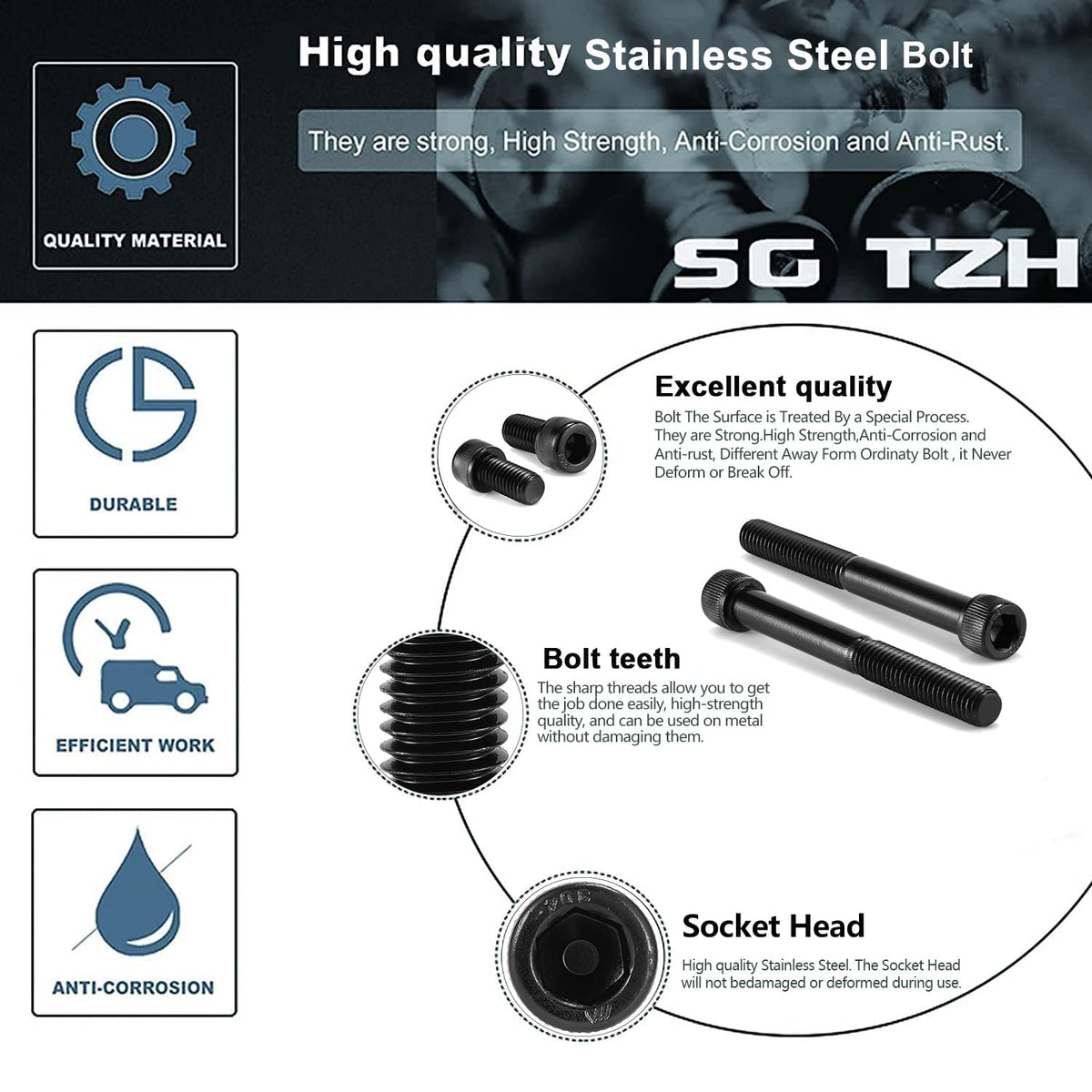 1/2-13 x 2-1/2" Socket Head Cap Screws Bolts, 10Pcs 304 Stainless Steel 18-8, Allen Socket Hex Drive, Full Thread, Black Oxide by SG TZH(with Hex Spanner)