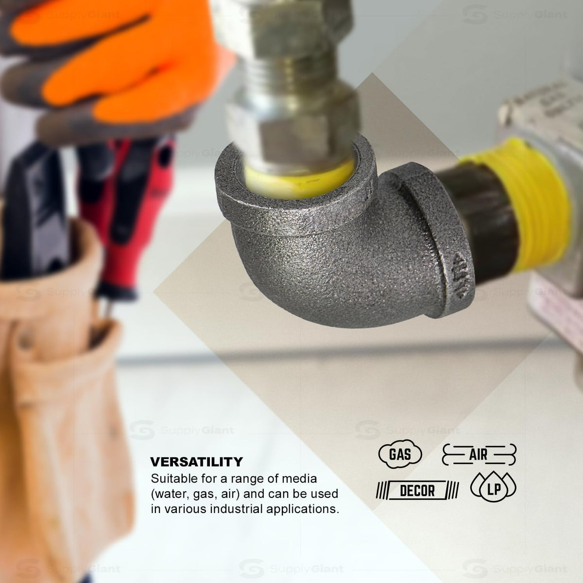 Supply Giant CNOM0034 3/4 in. 90 Degree Malleable Iron Elbow Fitting for High Pressures with Female Thread Connects and Black Finish