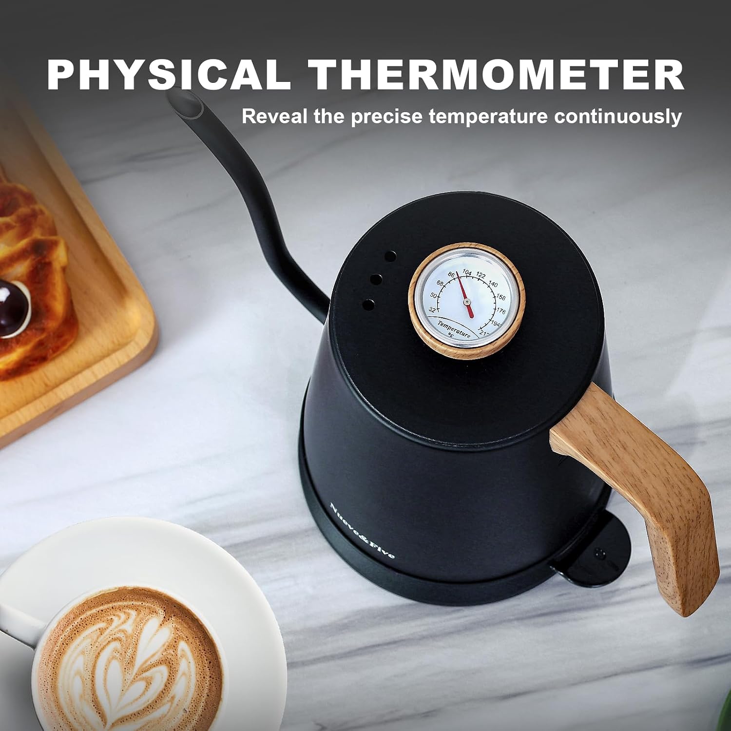 Electric Gooseneck Kettle with Thermometer, 1.0L Pour Over Hot Water Kettle for Coffee and Tea, 1000W, Auto Shutoff