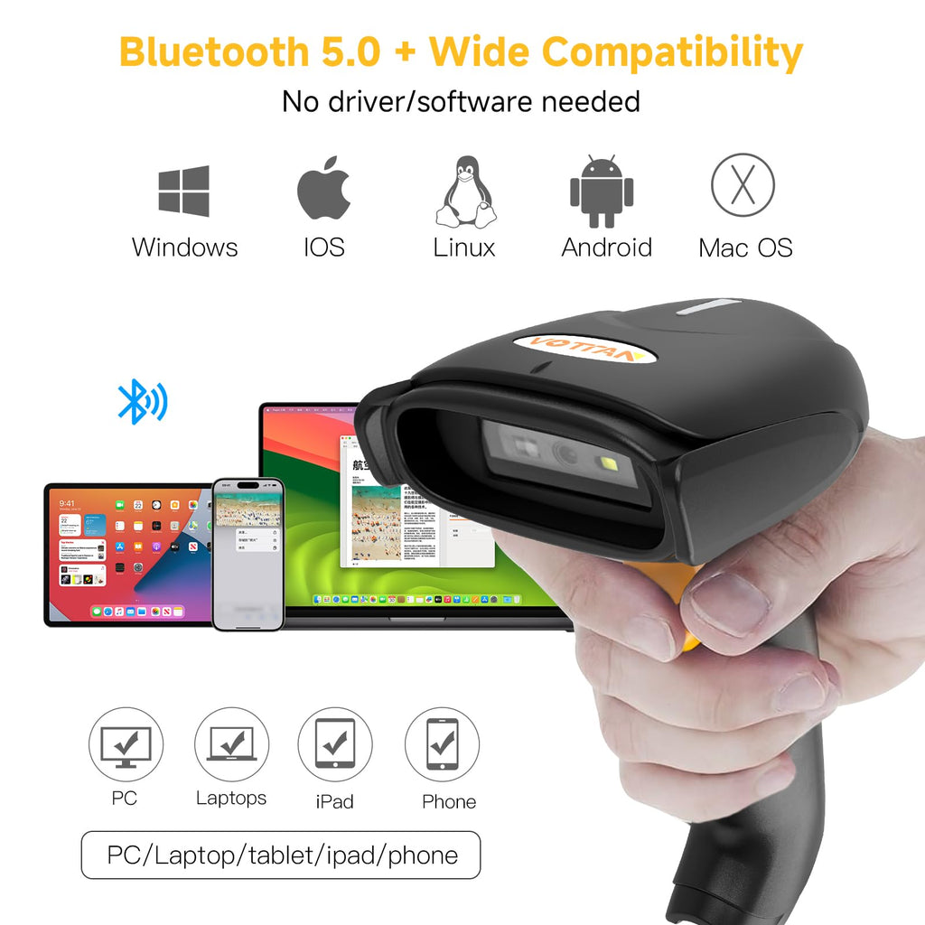 QR 2D Barcode Scanner, Bluetooth & 2.4G Wireless & USB Wired Connect iPad Phone Tablet PC POS, UPC EAN 1D PDF417 Data