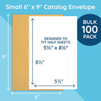 100 6" x 9" Kraft Catalog Envelopes, Self Seal