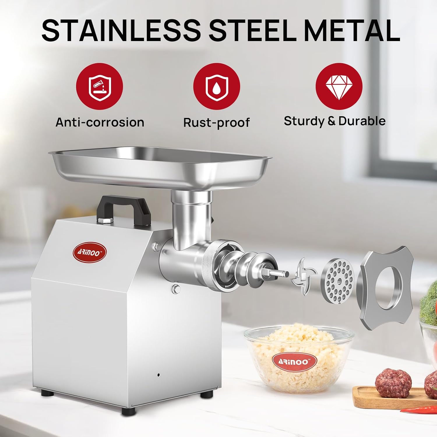 #12 Commercial Meat Grinder,1.0HP Professional Electric Meat Mincer,Heavy Duty Stainless Steel Sausage Stuffer with 2