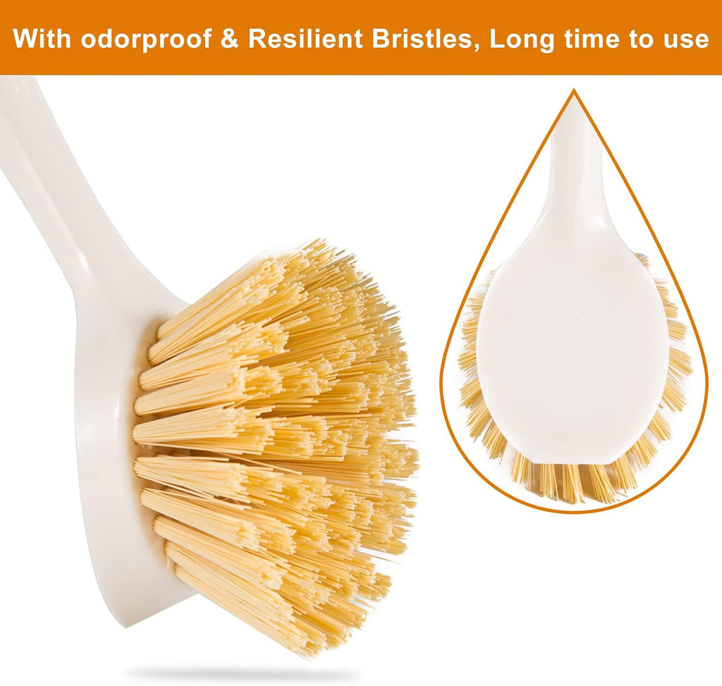 2 Pack Kitchen Dish Brushes with Bamboo Handle, Dish Scrubber Built-in Scraper, Scrub Brush for Pans, Pots, Counter &
