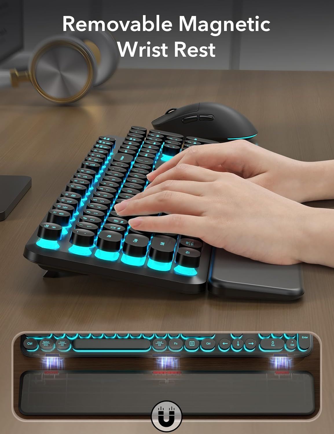 Wireless Keyboard and Mouse Backlit - Typewriter Keyboard with Magnetic Wrist Rest, Retro Round Keys, Light Up