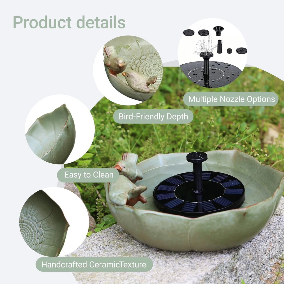 10.1" Solar Powered Bubbler Fountain Bird Bath Bowl for Outdoors